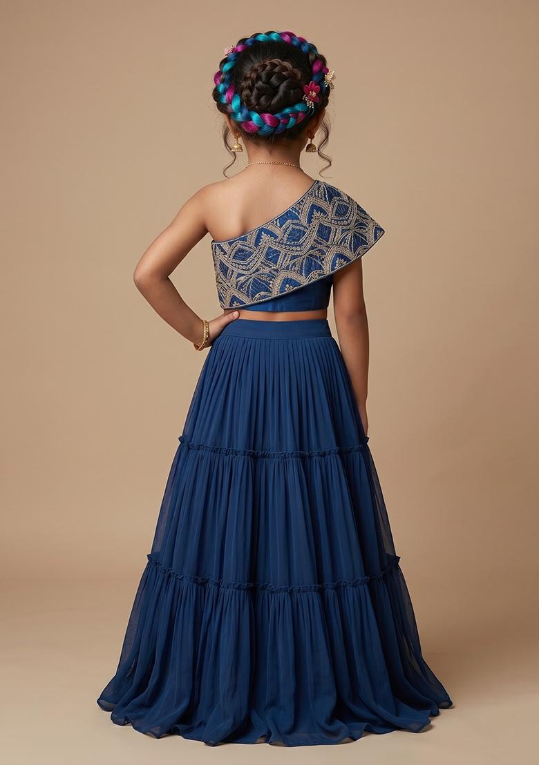 Blue Chinon Embellished Handwork Fusion Set For Girls - Indya