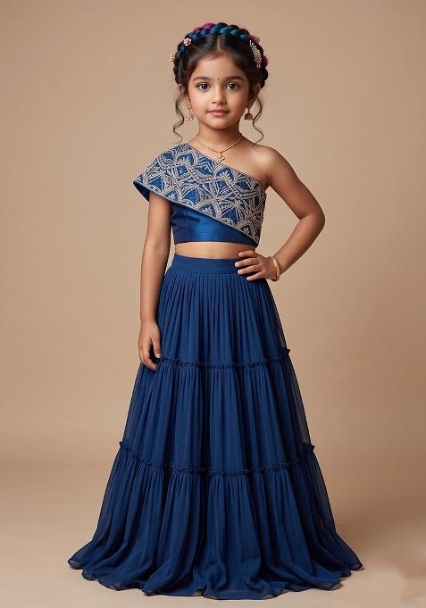 Blue Chinon Embellished Handwork Fusion Set For Girls