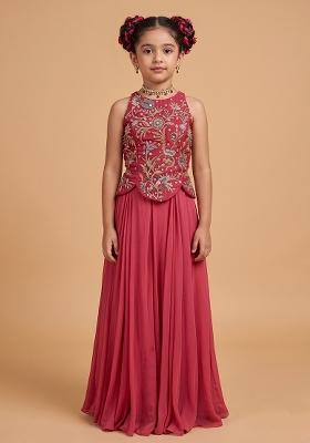 Berry Red Crepe Embroidered Handwork Fusion Set For Girls