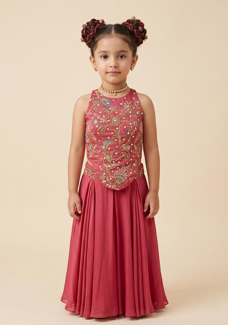 Berry Red Crepe Embroidered Handwork Fusion Set For Girls - Indya