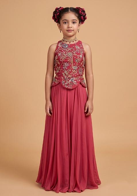 Berry Red Crepe Embroidered Handwork Fusion Set For Girls