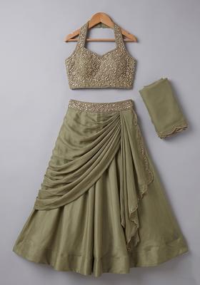 Muted Green Chinon Embellished Handwork Lehenga Set For Girls