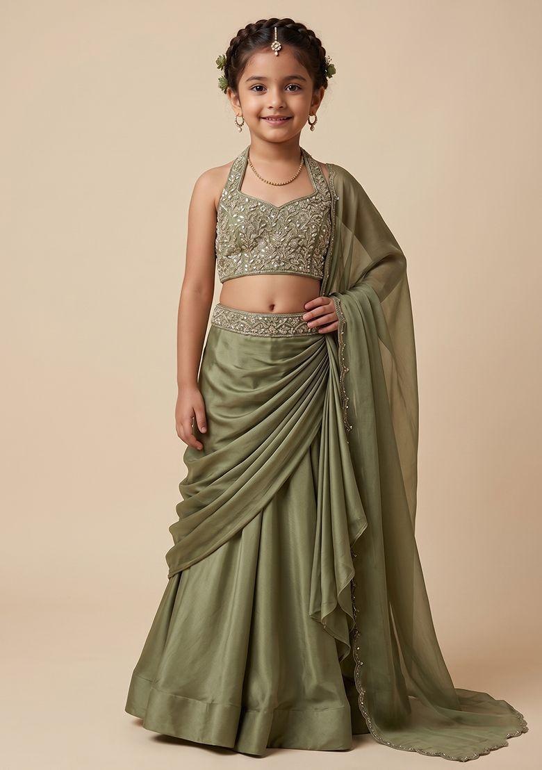 Muted Green Chinon Embellished Handwork Lehenga Set For Girls - Indya
