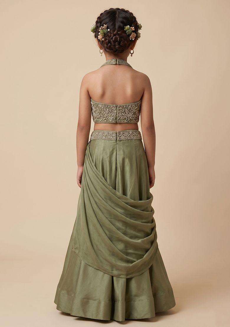 Muted Green Chinon Embellished Handwork Lehenga Set For Girls - Indya