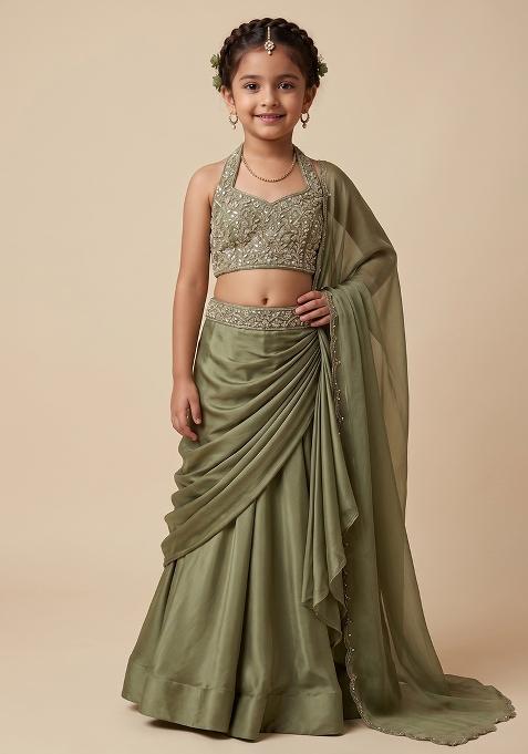 Muted Green Chinon Embellished Handwork Lehenga Set For Girls