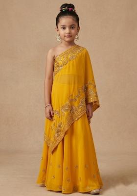 Yellow Crepe Embroidered Handwork Fusion Set For Girls