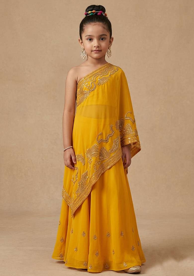 Yellow Crepe Embroidered Handwork Fusion Set For Girls - Indya
