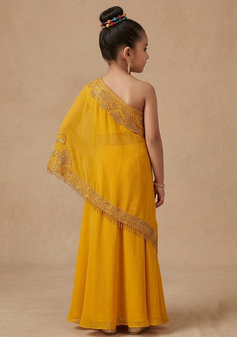Yellow Crepe Embroidered Handwork Fusion Set For Girls - Indya