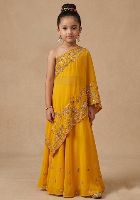 Yellow Crepe Embroidered Handwork Fusion Set For Girls