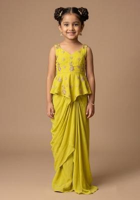 Yellow Embroidered Chanderi Pre Draped Saree Set For Girls