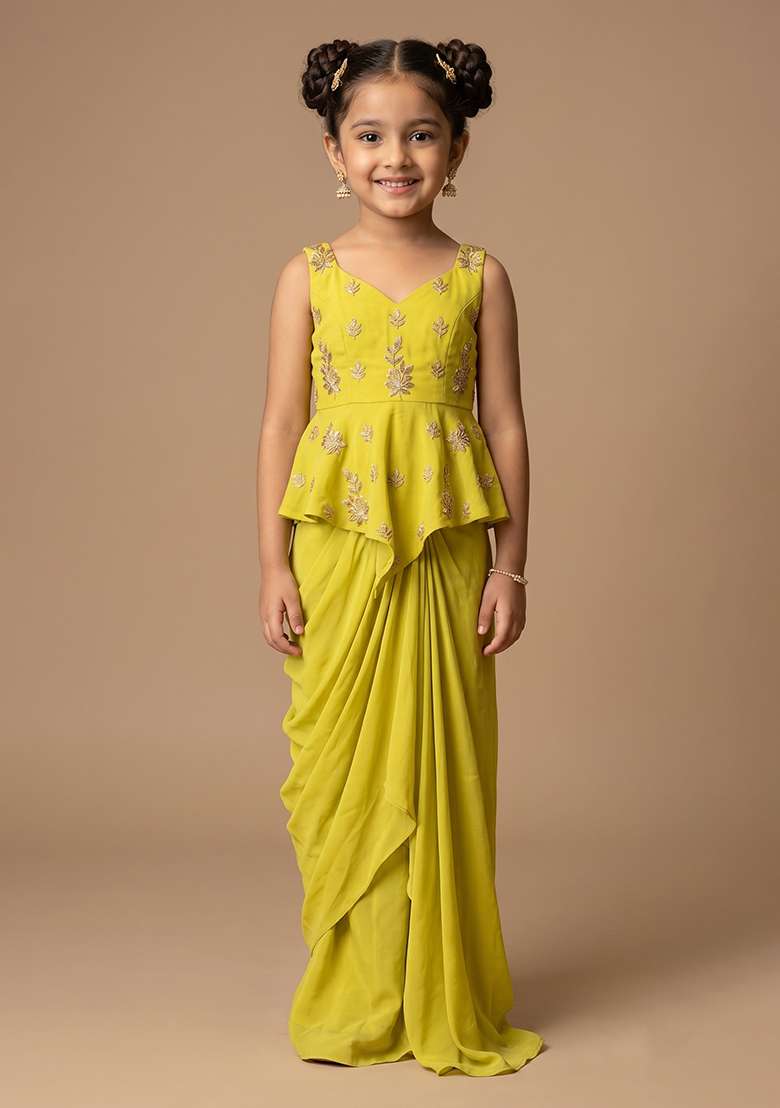 Yellow Embroidered Chanderi Pre Draped Saree Set For Girls - Indya