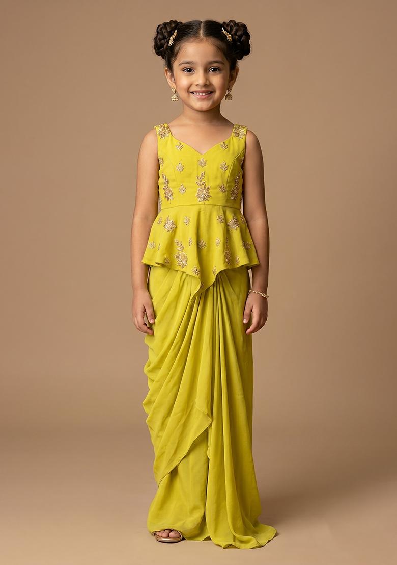 Yellow Embroidered Chanderi Pre Draped Saree Set For Girls - Indya