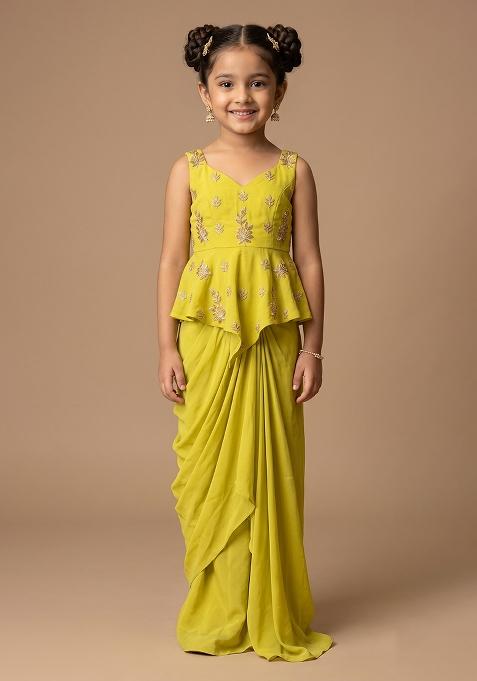 Yellow Embroidered Chanderi Pre Draped Saree Set For Girls