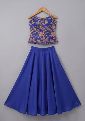 Royal Blue Embroidered Organza Lehenga Set For Girls