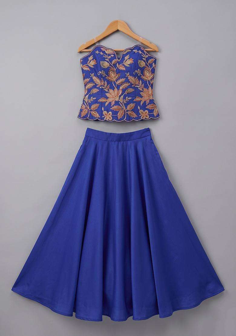 Royal Blue Embroidered Organza Lehenga Set For Girls - Indya