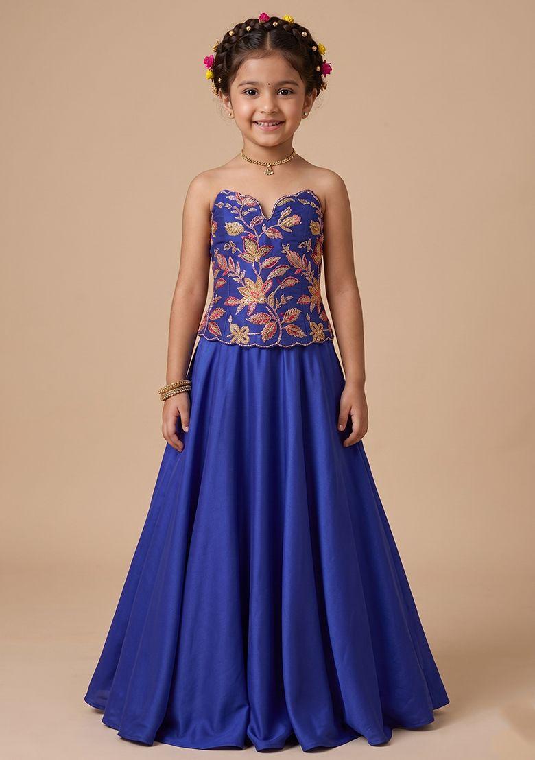 Royal Blue Embroidered Organza Lehenga Set For Girls - Indya