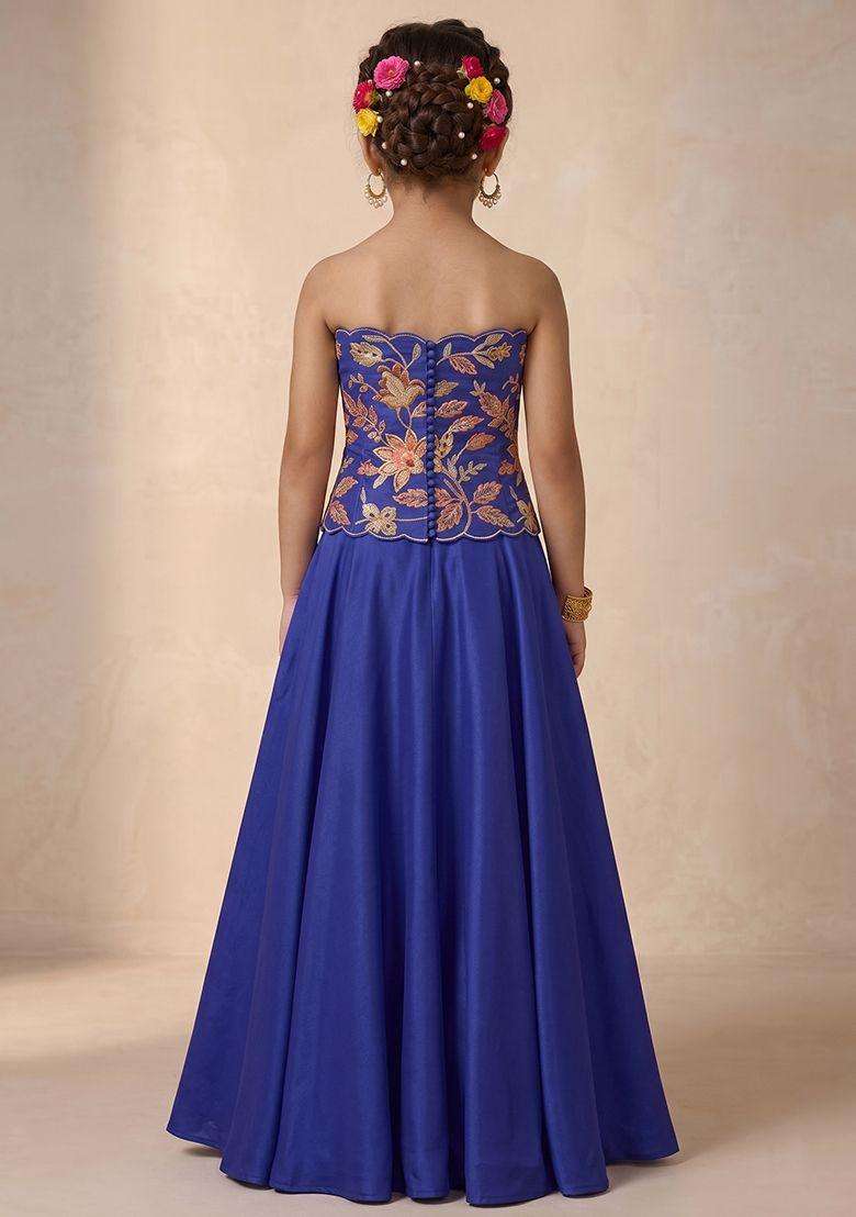 Royal Blue Embroidered Organza Lehenga Set For Girls - Indya