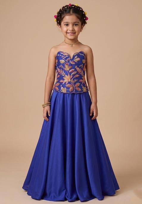 Royal Blue Embroidered Organza Lehenga Set For Girls