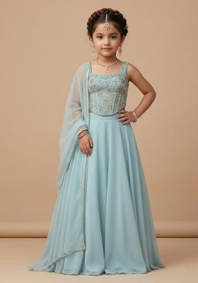 Blue Embroidered Silk Fusion Set For Girls