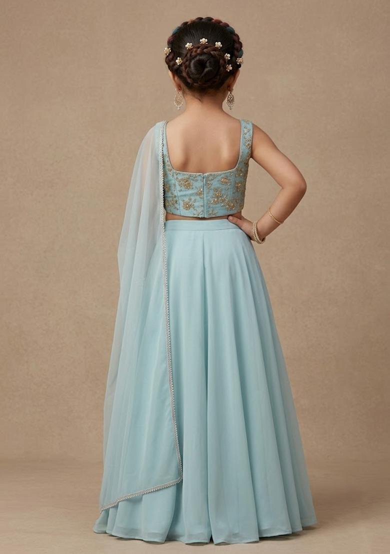 Blue Embroidered Silk Fusion Set For Girls - Indya
