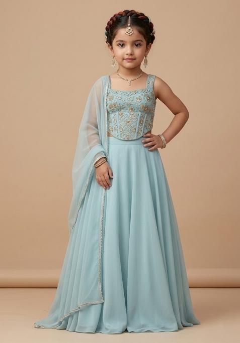 Blue Embroidered Silk Fusion Set For Girls