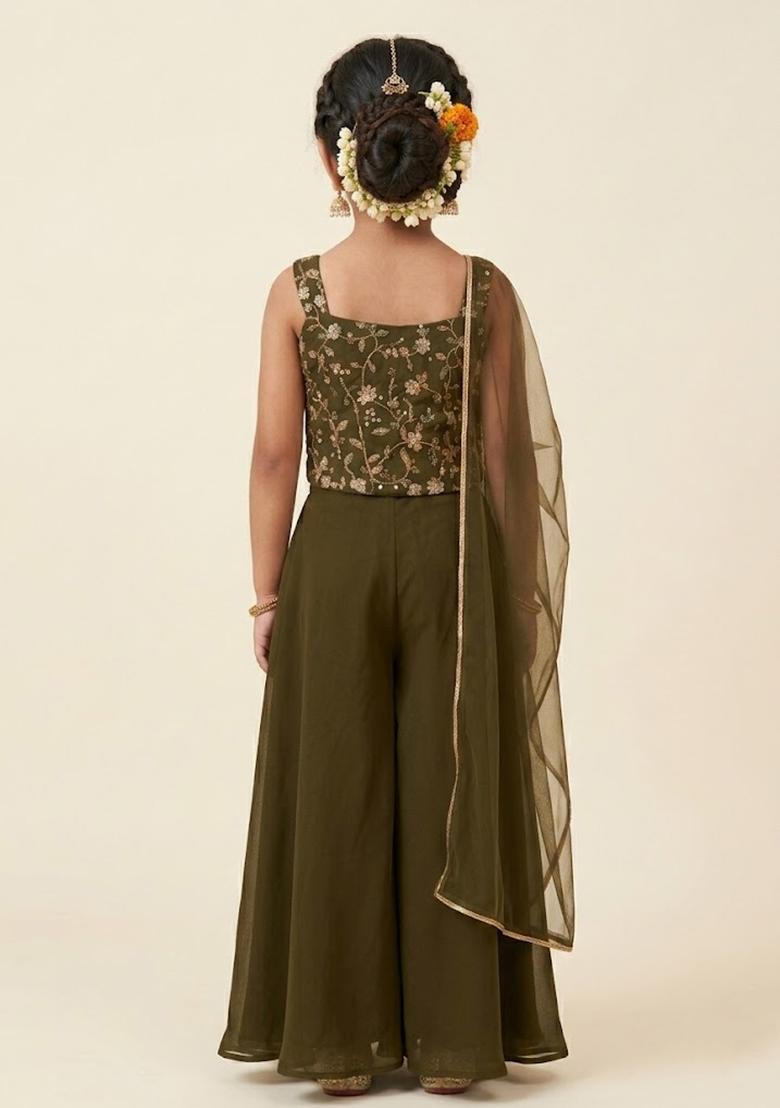 Dark Green Embroidered Silk Fusion Set For Girls - Indya
