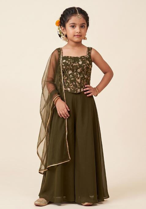 Dark Green Embroidered Silk Fusion Set For Girls