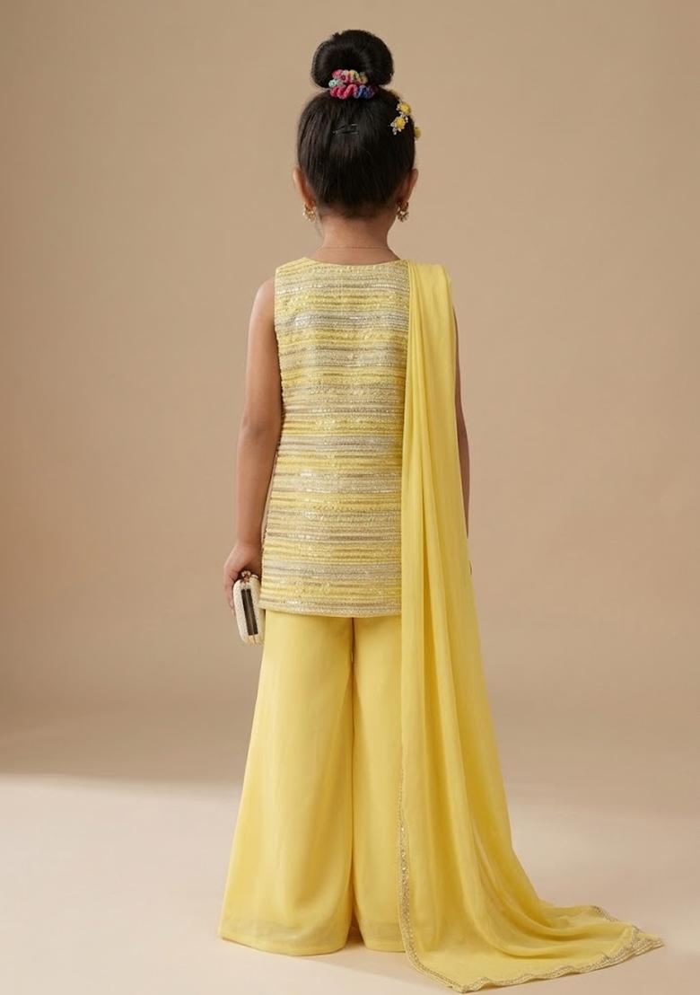 Yellow Striped Georgette Straight Kurta Set For Girls - Indya