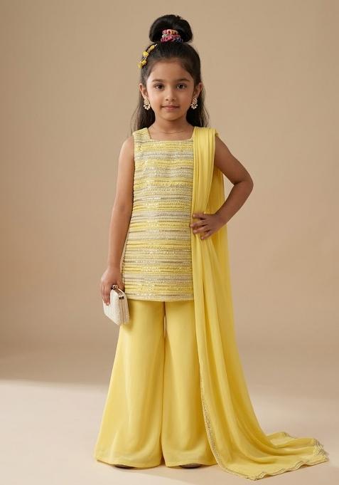 Yellow Striped Georgette Straight Kurta Set For Girls