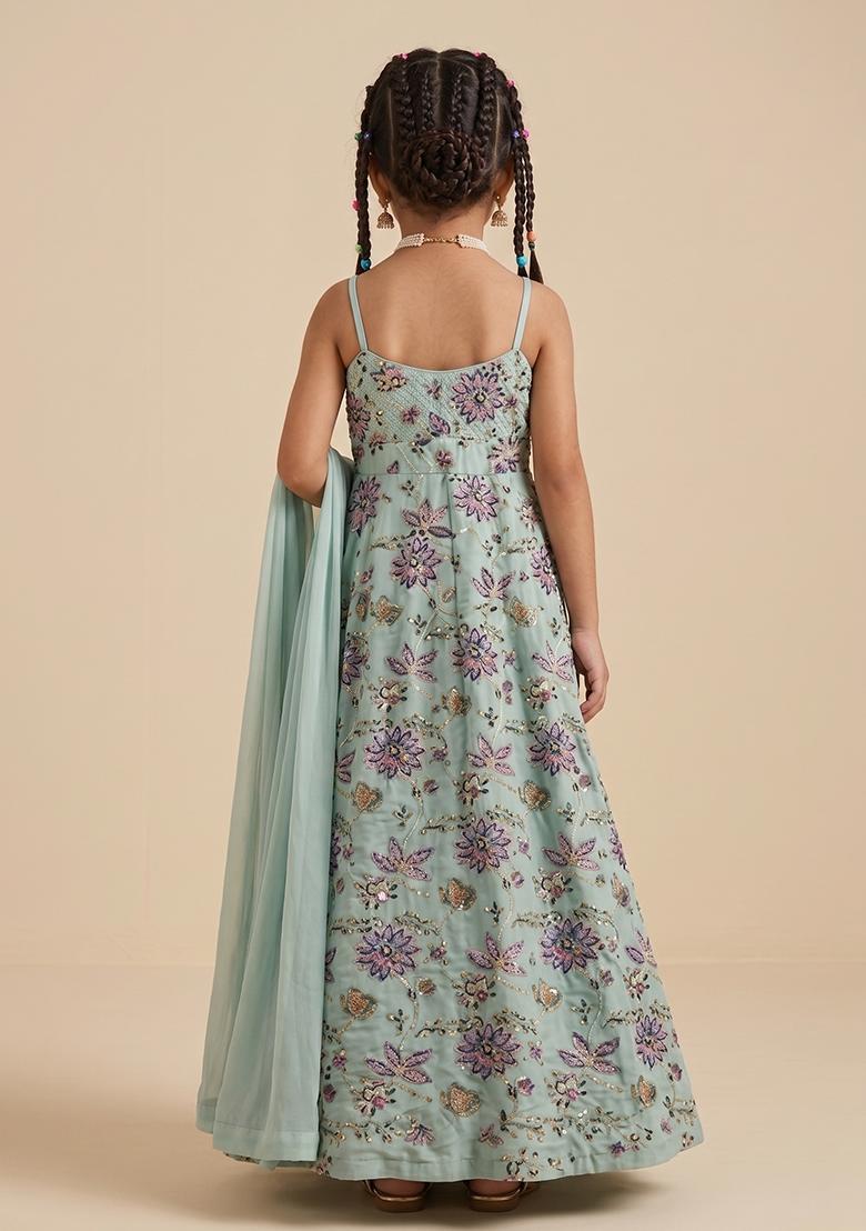 Ice Blue Floral Print Crepe Anarkali With Dupatta For Girls - Indya