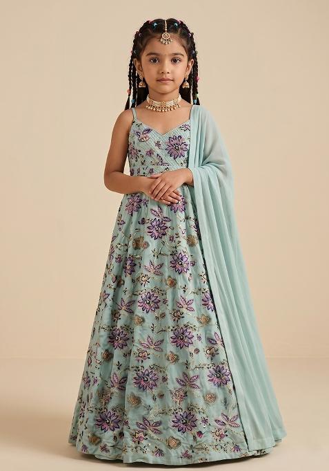 Ice Blue Floral Print Crepe Anarkali With Dupatta For Girls