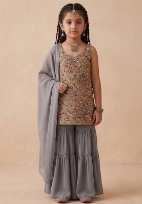 Steel Grey Floral Print Crepe Sharara Set For Girls