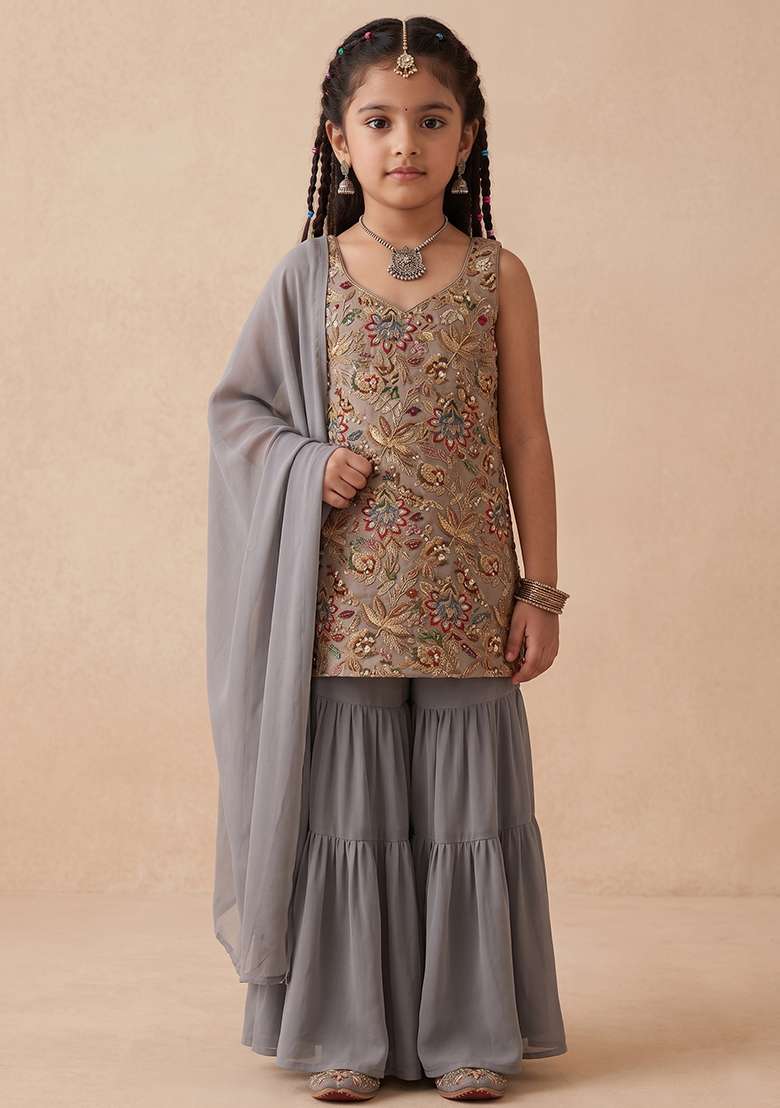 Steel Grey Floral Print Crepe Sharara Set For Girls - Indya