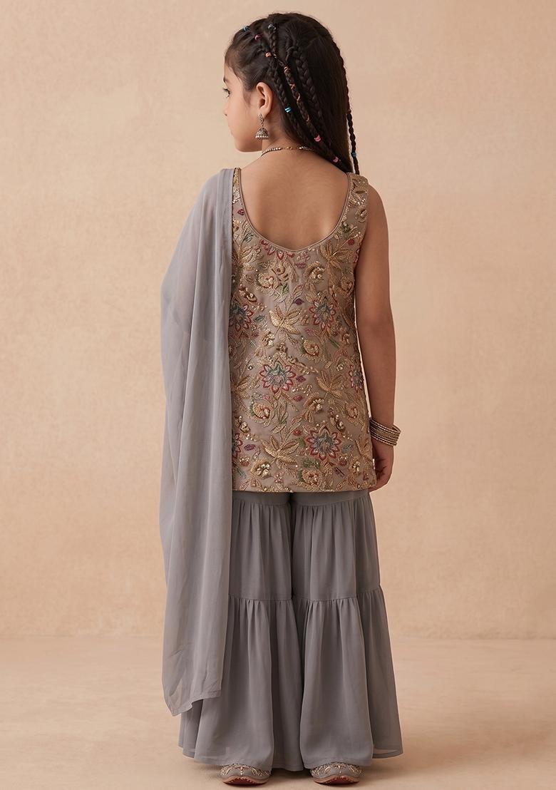 Steel Grey Floral Print Crepe Sharara Set For Girls - Indya