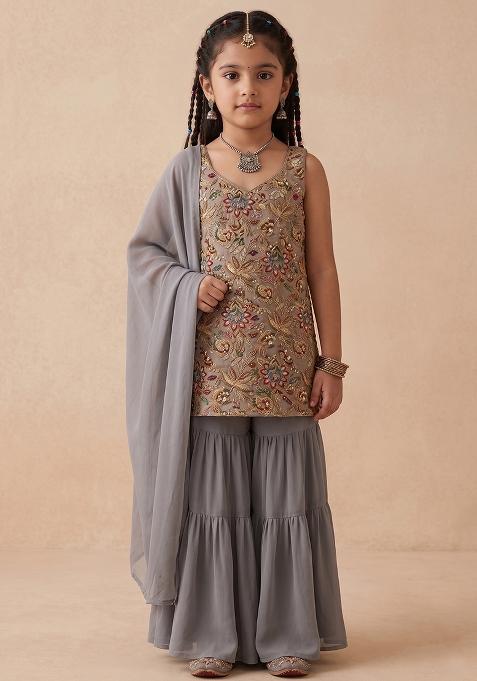 Steel Grey Floral Print Crepe Sharara Set For Girls