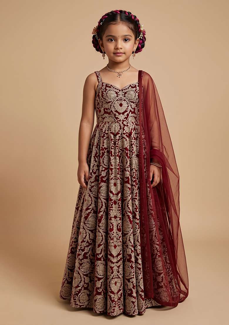Red Silk Anarkali With Dupatta For Girls - Indya