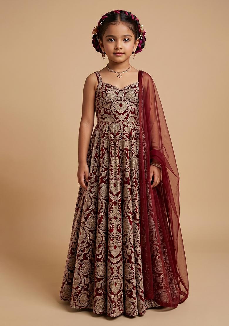Red Silk Anarkali With Dupatta For Girls - Indya