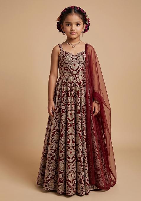 Red Silk Anarkali With Dupatta For Girls — view on Indya