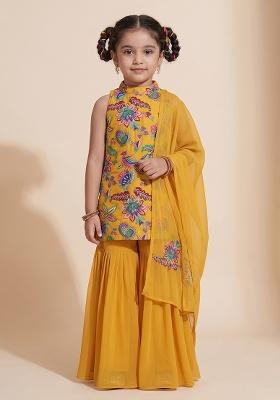 Mustard Sequin Crepe Sharara Set For Girls