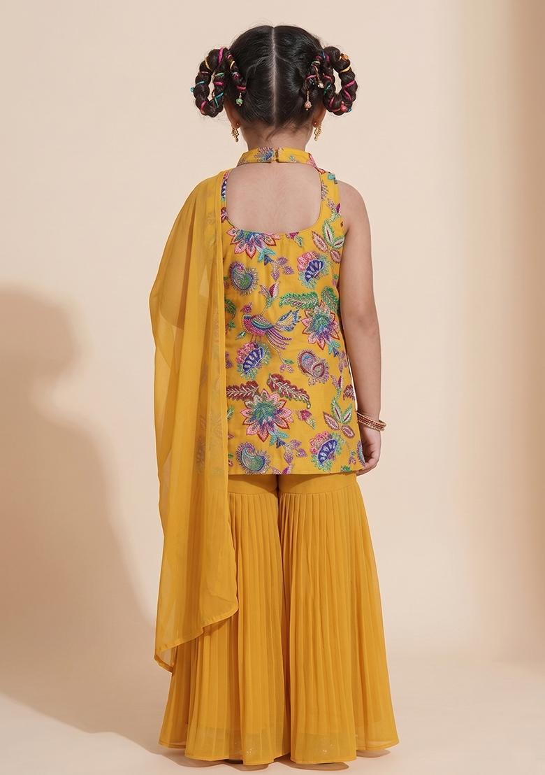 Mustard Sequin Crepe Sharara Set For Girls - Indya