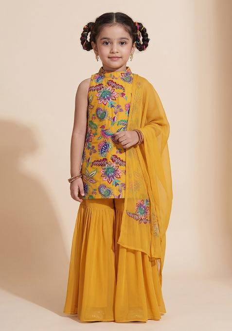 Mustard Sequin Crepe Sharara Set For Girls