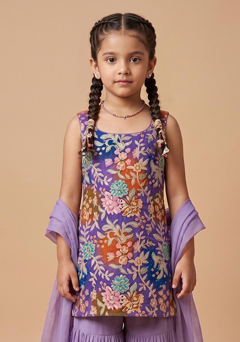 Purple Sequin Crepe Sharara Set For Girls - Indya