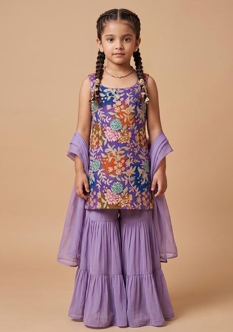 Purple Sequin Crepe Sharara Set For Girls