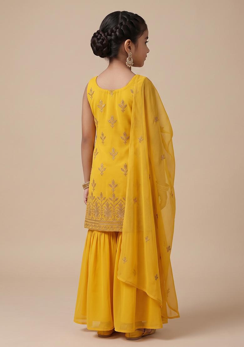 Yellow Sequin Shimmer Sharara Set For Girls - Indya