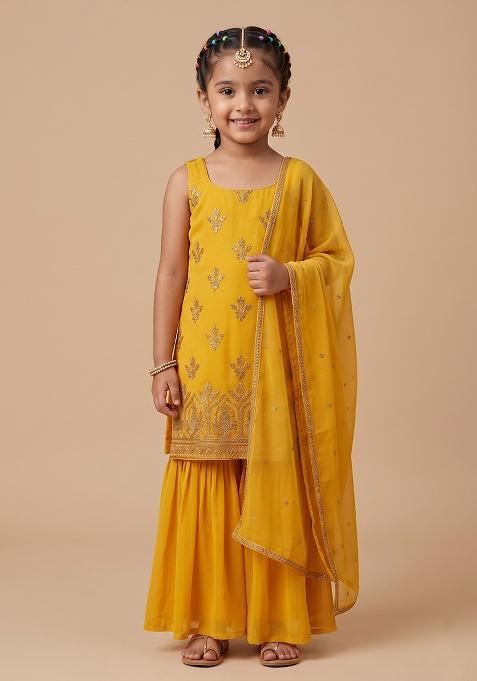 Yellow Sequin Shimmer Sharara Set For Girls — view on Indya