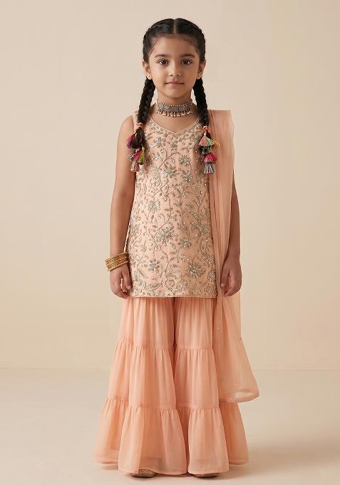 Peach Sequin Net Sharara Set For Girls — view on Indya