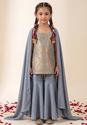 Slate Grey Brocade Sharara Set For Girls