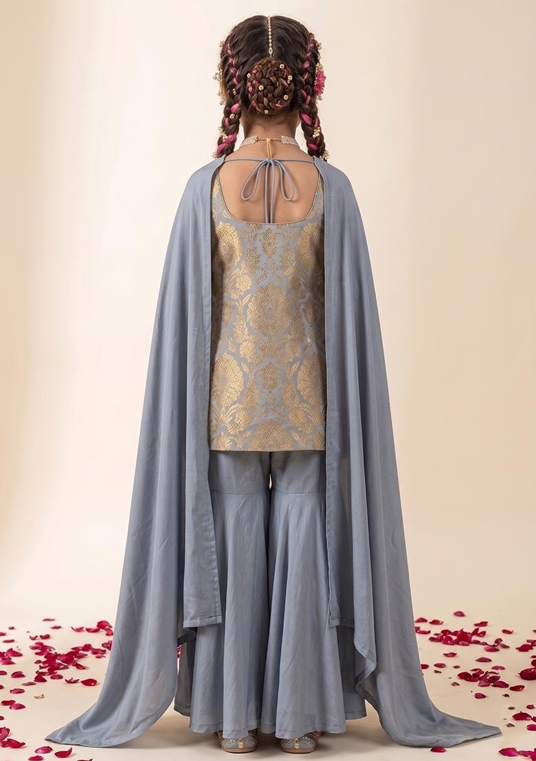 Slate Grey Brocade Sharara Set For Girls - Indya