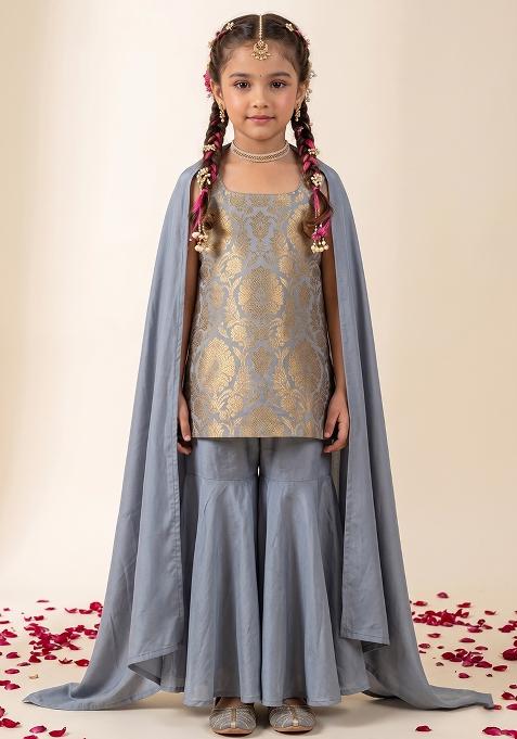 Slate Grey Brocade Sharara Set For Girls — view on Indya