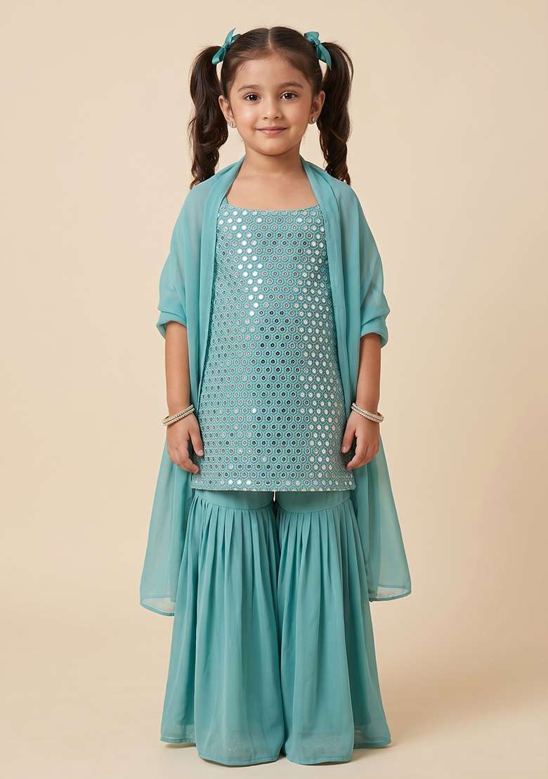 Pastel Blue Embroidered Crepe Sharara Set For Girls - Indya
